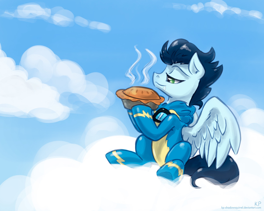 blue_feathers blue_fur blue_hair cloud equine eyewear feral friendship_is_magic fur goggles green_eyes hair horse karol_pawlinski male mammal my_little_pony pegasus pie pony sky soarin_(mlp) solo wings wonderbolts_(mlp)