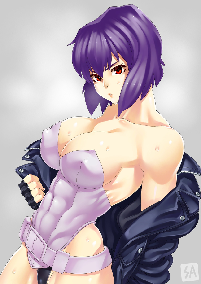 abs bare_shoulders belt breasts cleavage fingerless_gloves ghost_in_the_shell gloves highres jacket kusanagi_motoko large_breasts lips purple_hair red_eyes short_hair solo sweat zonda_(solid_air)