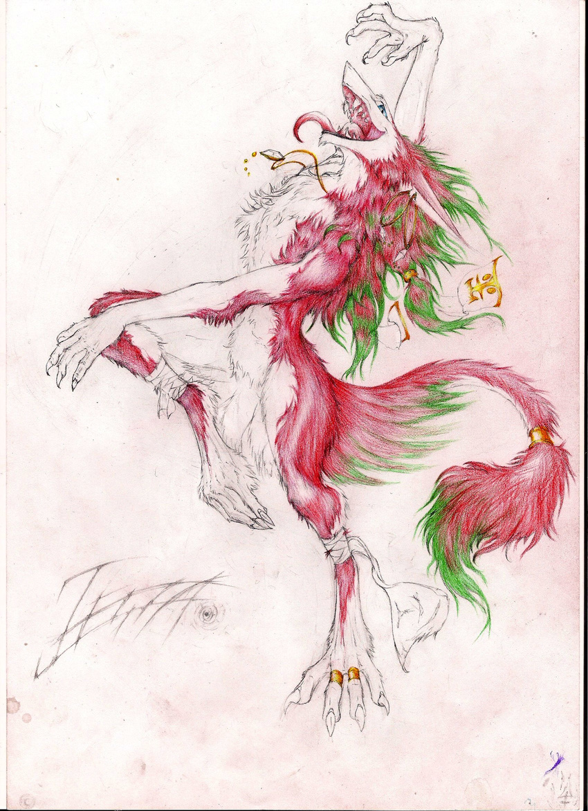 claws colored_pencil_(art) dancing ear_piercing female hair jessa kredri long_hair necklace nude open_mouth piercing ring sergal solo tongue tongue_out