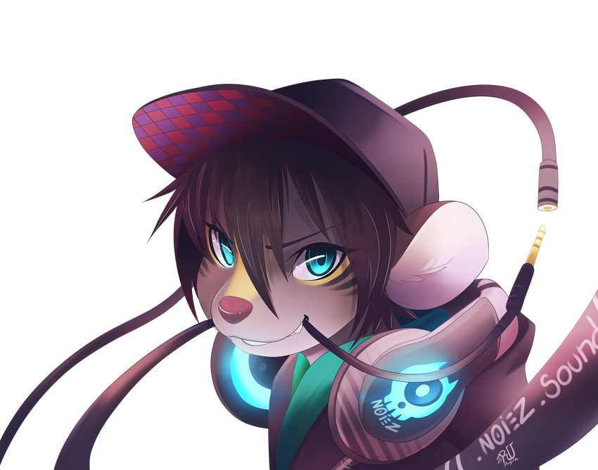 ambiguous_gender brown_hair clothing cyan_eyes hair hat headphones hi_res mammal mouse rodent rudragon unknown_species