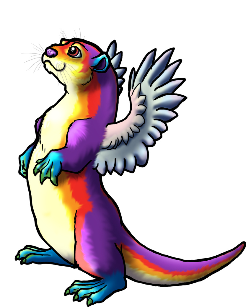 fuzzybum mammal mustelid otter purple_nose rainbow_fur red_eyes simple_background whiskers wings