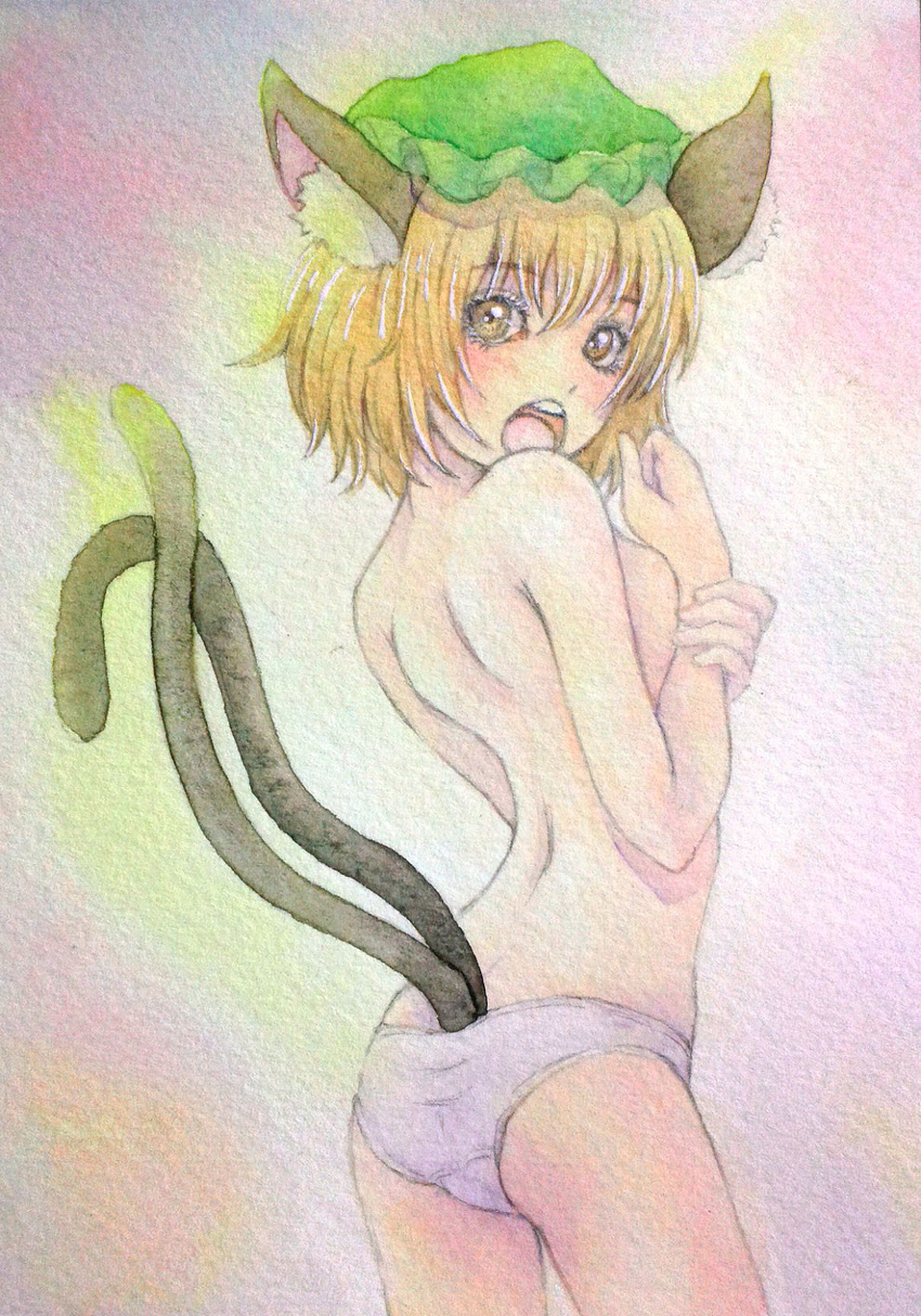 animal_ears blush brown_eyes brown_hair cat_ears cat_tail chen covering covering_breasts eyelashes hat highres multiple_tails nekomata open_mouth panties purple_panties solo tail topless touhou traditional_media two_tails underwear underwear_only watercolor_(medium) white_panties yellow_eyes yuyu_(00365676)