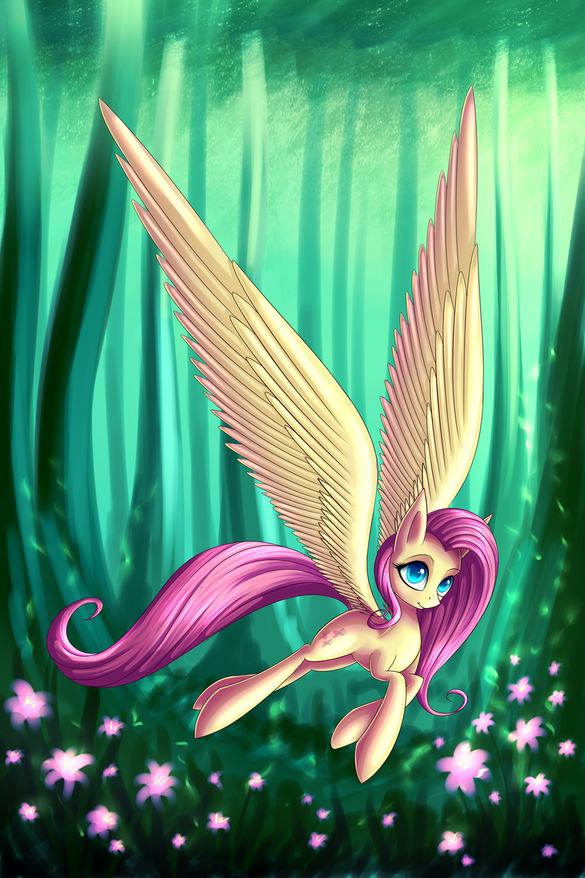 cutie_mark cyan_eyes equine feathers female feral flower fluttershy_(mlp) flying forest friendship_is_magic fur hair horse long_hair looking_at_viewer mammal my_little_pony outside pegasus petals pink_hair pony smile solo tree wings yellow_fur