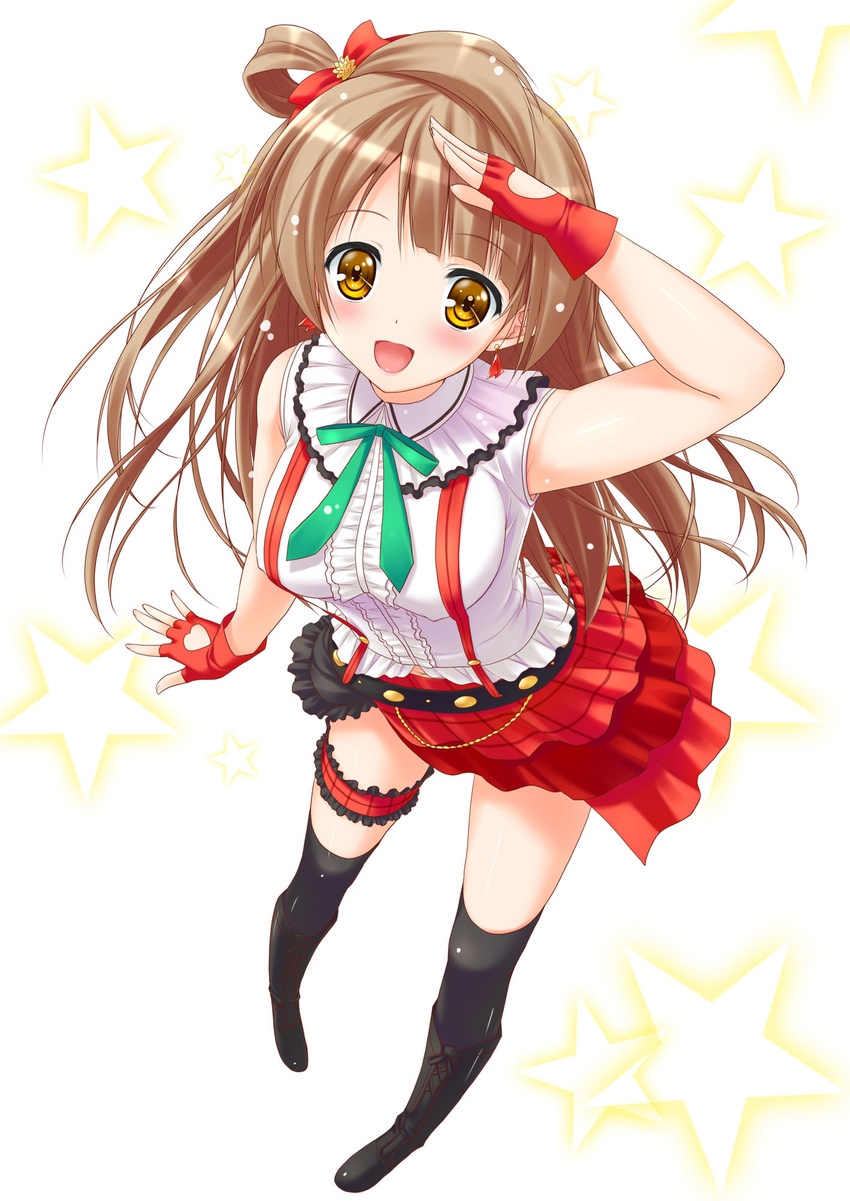 :d arm_up black_legwear blush bokura_wa_ima_no_naka_de boots bow breasts brown_hair earrings fingerless_gloves gloves hair_bow heart_cutout highres jewelry long_hair love_live! love_live!_school_idol_project medium_breasts minami_kotori open_mouth sakaki_maki skirt smile solo star thighhighs yellow_eyes