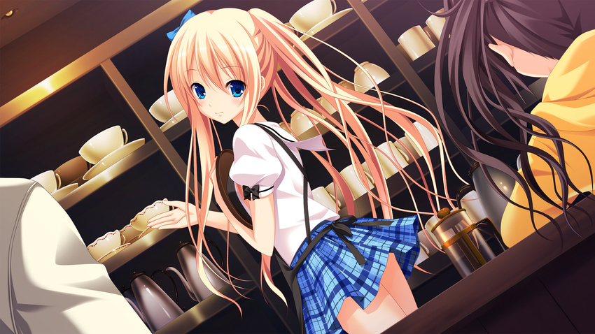 2girls apron black_apron black_bow black_hair blonde_hair blue_bow blue_eyes blue_skirt bow eyebrows_visible_through_hair floating_hair game_cg gensou_no_idea hair_bow head_tilt highres kujou_mitsuki long_hair looking_at_viewer makita_maki multiple_girls official_art pleated_skirt shirt short_sleeves side_ponytail skirt smile sweater twintails very_long_hair white_shirt yellow_sweater