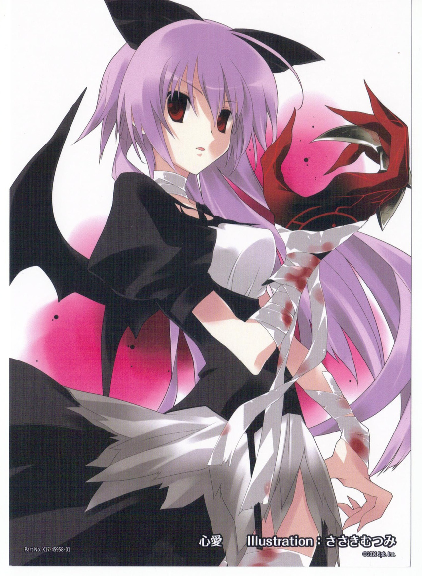 animal_ears bandages bat_wings blood cat_ears choker claws cocoa_(phantom_breaker) garter_straps highres long_hair official_art phantom_breaker purple_hair red_eyes sasaki_mutsumi scan solo thighhighs wings