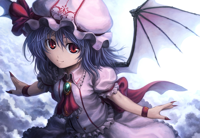 ascot bad_id bad_pixiv_id bat_wings blue_hair dress hat red_eyes remilia_scarlet short_hair smile solo tatsuya_(atelier_road) touhou wings