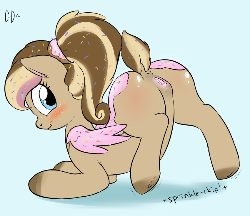 anus blue_eyes blush brown_fur butt clopper-dude equine female freckles fur hair hooves horn horse looking_at_viewer mammal multi-colored_hair my_little_pony nude plain_background pony pussy smile solo sprinkles wings