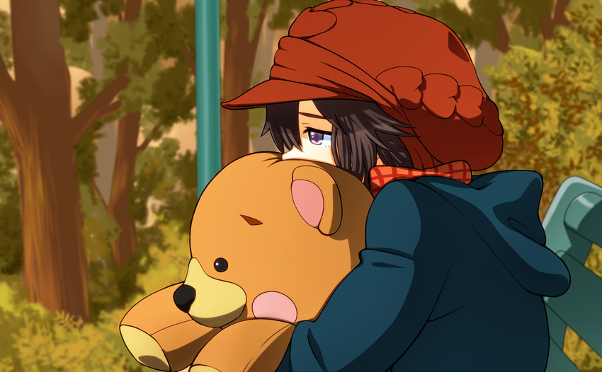 brown_hair cabbie_hat depressed hat highres hood hoodie idolmaster idolmaster_(classic) kikuchi_makoto purple_eyes sad solo stuffed_animal stuffed_toy teddy_bear tonegawa_ribu