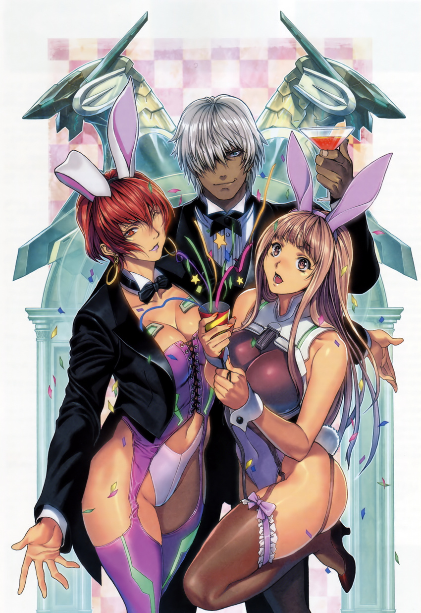 2girls animal_ears bare_shoulders blue_eyes bow bowtie breasts bunny_ears bunny_girl bunny_tail bunnysuit cleavage cocktail_glass confetti corset covered_navel cup dark_skin detached_collar dingo_egret drinking_glass earrings fake_animal_ears garter_straps garters hair_over_one_eye high_heels highres homare_(fool's_art) jehuty jewelry ken_marinaris large_breasts leg_lift leotard lipstick long_hair makeup multiple_girls navel one_eye_closed party_popper pink_eyes pink_hair purple_lipstick red_eyes red_hair shoes short_hair silver_hair statue tail thighhighs tuxedo tuxedo_jacket viola_guines wrist_cuffs zone_of_the_enders zone_of_the_enders_2