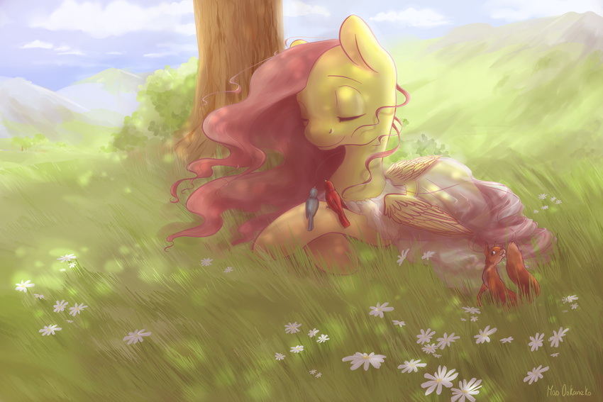 clothing dress equine eyes_closed feathers female feral flower fluttershy_(mlp) friendship_is_magic fur grass hair horse long_hair mammal mao-ookaneko my_little_pony pegasus pink_hair plains pony sitting solo tree wings yellow_fur