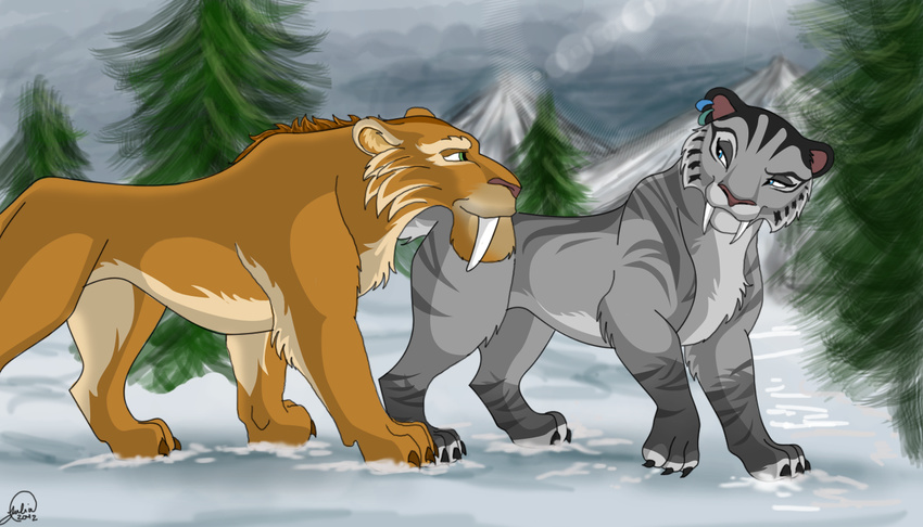 blue_eyes cat claws diego_(ice_age) ear_piercing feline female feral fur green_eyes ice_age jujubajulia love male mammal mates orange_fur piercing sabertooth shira_(ice_age) smilodon teeth tiger tooth white_fur