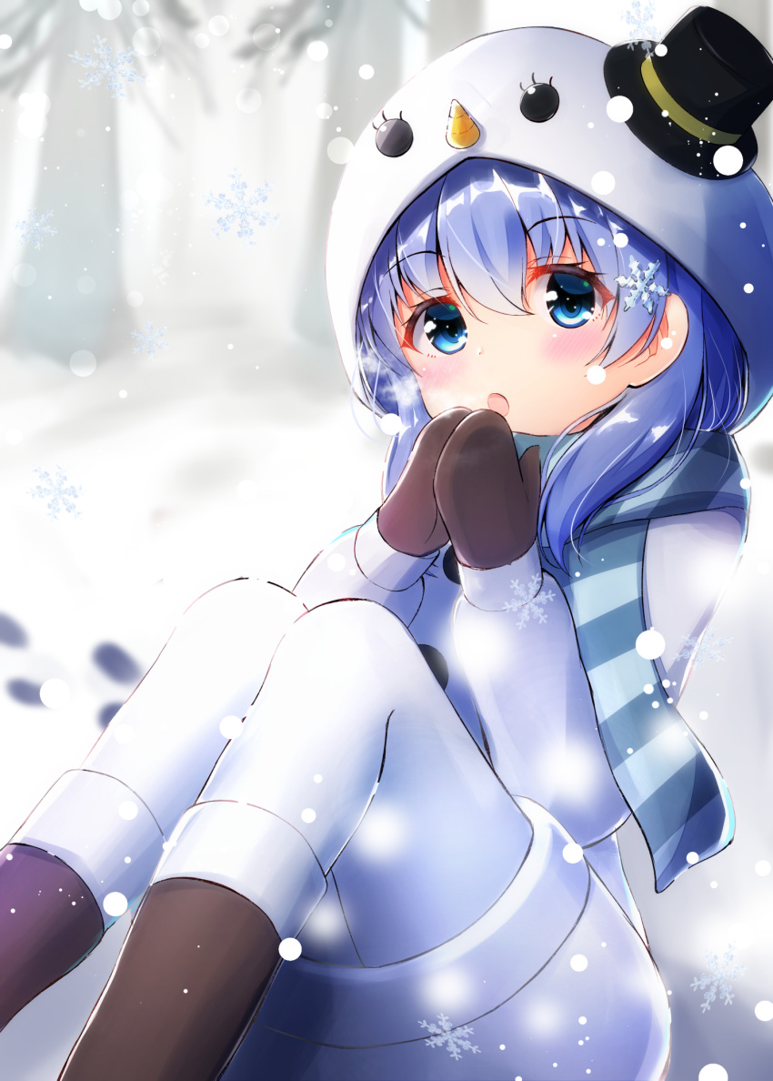 1girl :o bangs black_hat blue_eyes blue_hair blue_scarf blush boots breathing_on_hands brown_footwear brown_mittens commentary_request eyebrows_visible_through_hair hair_between_eyes hair_ornament hat head_tilt highres hood hood_up hooded_jacket jacket knee_boots long_hair long_sleeves looking_at_viewer mini_hat mini_top_hat mittens nijisanji own_hands_together pantyhose parted_lips puffy_long_sleeves puffy_sleeves scarf sidelocks sitting skirt sleeves_past_wrists snowflake_hair_ornament snowflakes snowing solo striped striped_scarf tilted_headwear top_hat tree virtual_youtuber white_jacket white_legwear white_skirt ymd_(holudoun) yuuki_chihiro