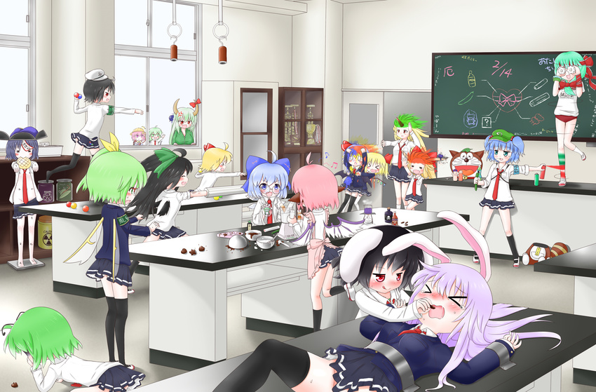 &gt;_&lt; 6+girls absurdres ahoge alternate_costume animal_costume animal_ears antennae apron armband biohazard_symbol black_hair blazer blender blonde_hair blue_hair bow bowl bread bunny_ears buruma chalkboard chikuwa chocolate cirno classroom closed_eyes cooking cucumber cuffs daiyousei door doraemon doraemon_(character) ex-keine feeding flandre_scarlet food frog frozen glasses green_hair gym_uniform hair_bow hair_ribbon hat heart heart_in_mouth highres horn horns hoshiguma_yuugi human_shield ibuki_suika ice ice_wings inaba_tewi indoors jacket jar jiangshi justaway kagiyama_hina kamishirasawa_keine kawashiro_nitori komeiji_koishi komeiji_satori labcoat long_hair m-1_grand_prix melon_bread miyako_yoshika mofu_mofu moriya_suwako multiple_girls murasa_minamitsu musical_note mystia_lorelei necktie no_panties open_clothes open_shirt outstretched_arms paintball pink_eyes pink_hair poison purple_hair pyonta radiation_symbol red_eyes reisen_udongein_inaba reiuji_utsuho remilia_scarlet restrained restraints ribbon rumia school_uniform science shackles shirt short_hair side_ponytail skirt skirt_pull sliding_doors spray_paint standing standing_on_one_leg sweatdrop tanuki_costume team_9 teamwork tears thighhighs throwing touhou track_jacket trophy two_side_up ufo uu~ window wings wriggle_nightbug yagokoro