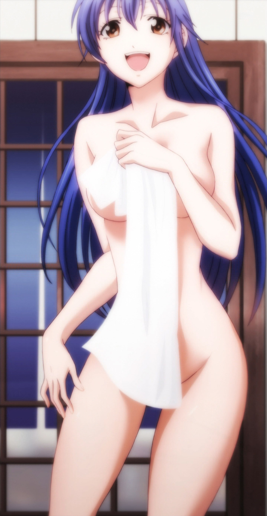 absurdres blue_hair censored eba_yuzuki highres kimi_no_iru_machi long_hair nude screencap solo towel yellow_eyes