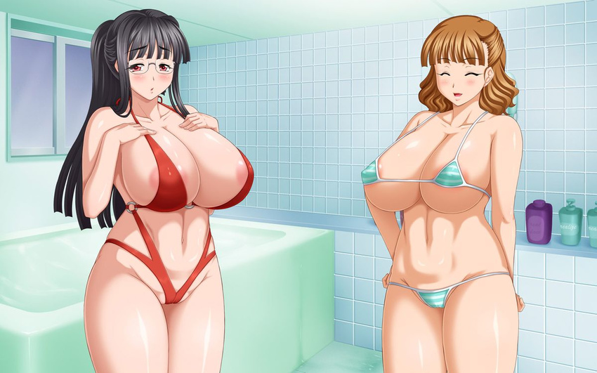 2girls bath black_hair blush breasts brown_hair game_cg glasses huge_breasts large_breasts multiple_girls smile swimsuit tomite