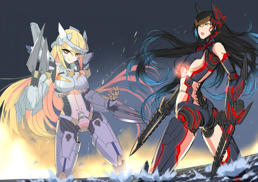 arm_blade armor artist_request ass blade blonde_hair blue_hair bodysuit breasts gipsy_danger glowing highres light long_hair mecha_musume mechanical_arms mechanical_legs mechanical_parts medium_breasts multiple_girls nuclear_reactor pacific_rim personification simple_background smile spine striker_eureka visor visor_(armor) weapon yellow_eyes