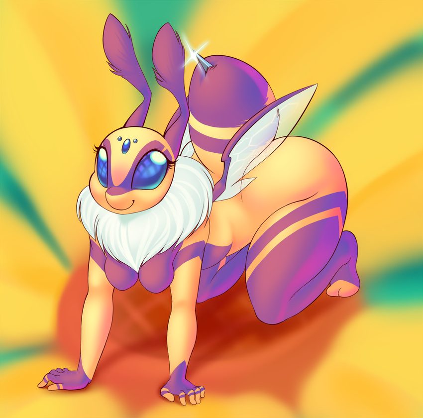 all_fours arthropod blue_eyes breasts bumblebee chest_tuft female flower fur insect looking_at_viewer nude purple_fur sif smile stinger thick_thighs thighs tuft voluptuous white_fur wide_hips wings yellow_fur