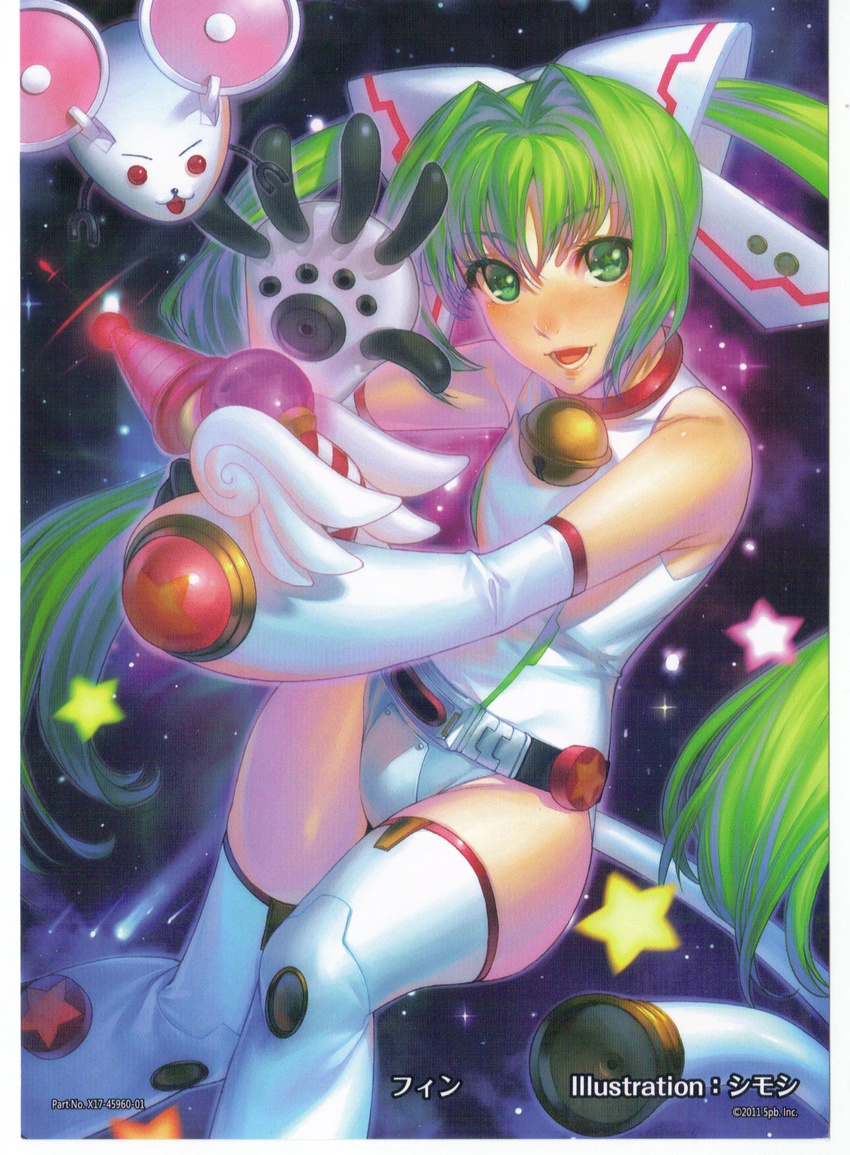 :d bare_shoulders bell bell_collar belt blush collar crotch_plate elbow_gloves fin_(phantom_breaker) gloves green_eyes green_hair hair_intakes hair_ornament highres jingle_bell leotard long_hair official_art open_mouth paw_gloves paws phantom_breaker plasma_pistol robot scan simosi smile solo star star-shaped_pupils symbol-shaped_pupils tail thighhighs twintails white_legwear