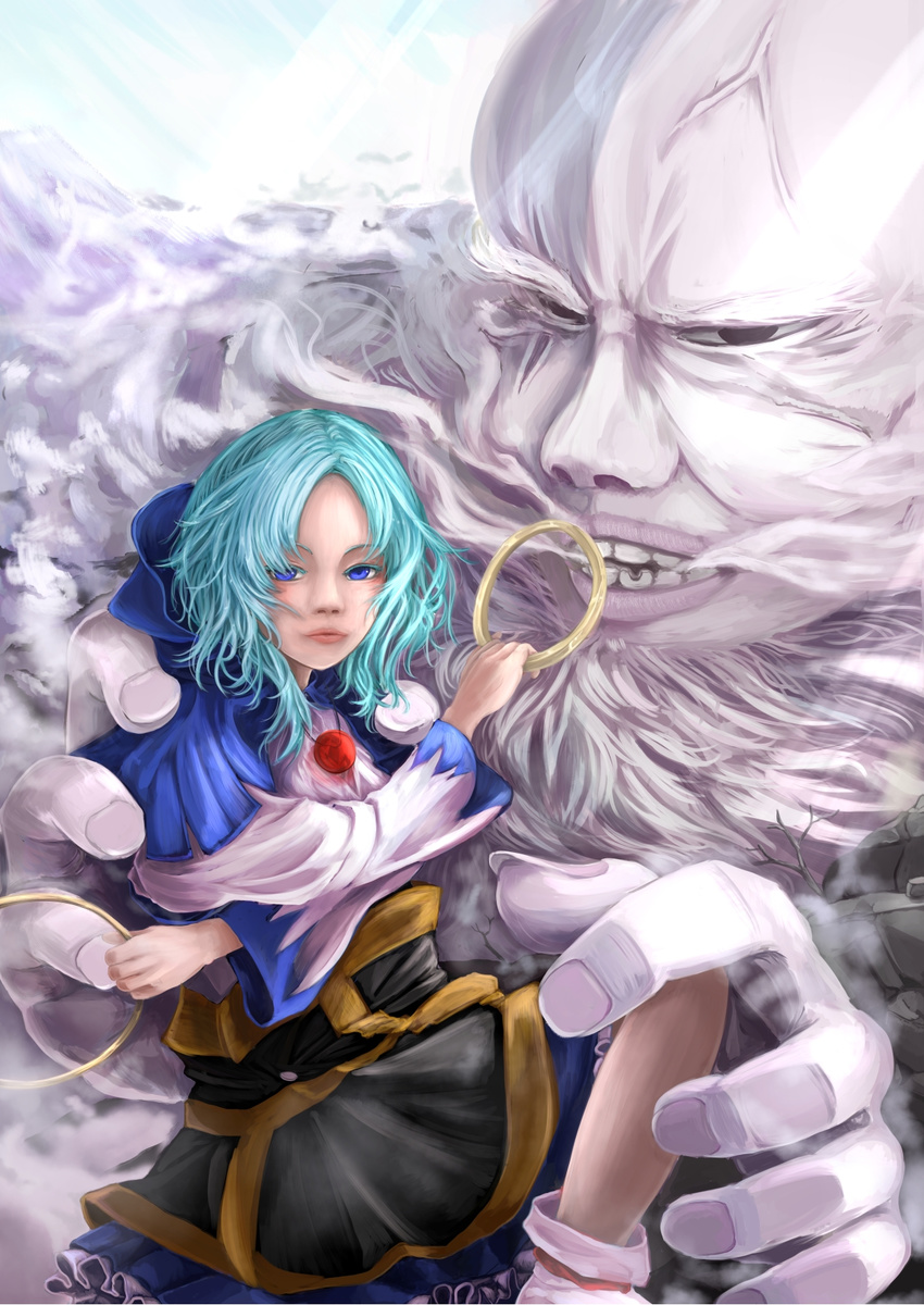 1girl ankle_socks bad_id bad_pixiv_id beard blue_eyes blue_hair blue_sky chaki_(emeraldia) cloud crossed_arms facial_hair fingernails highres hood hood_down hoop jewelry kesa knee_up kumoi_ichirin lips long_sleeves looking_at_viewer mountain pendant short_hair skirt sky teeth touhou unzan weapon