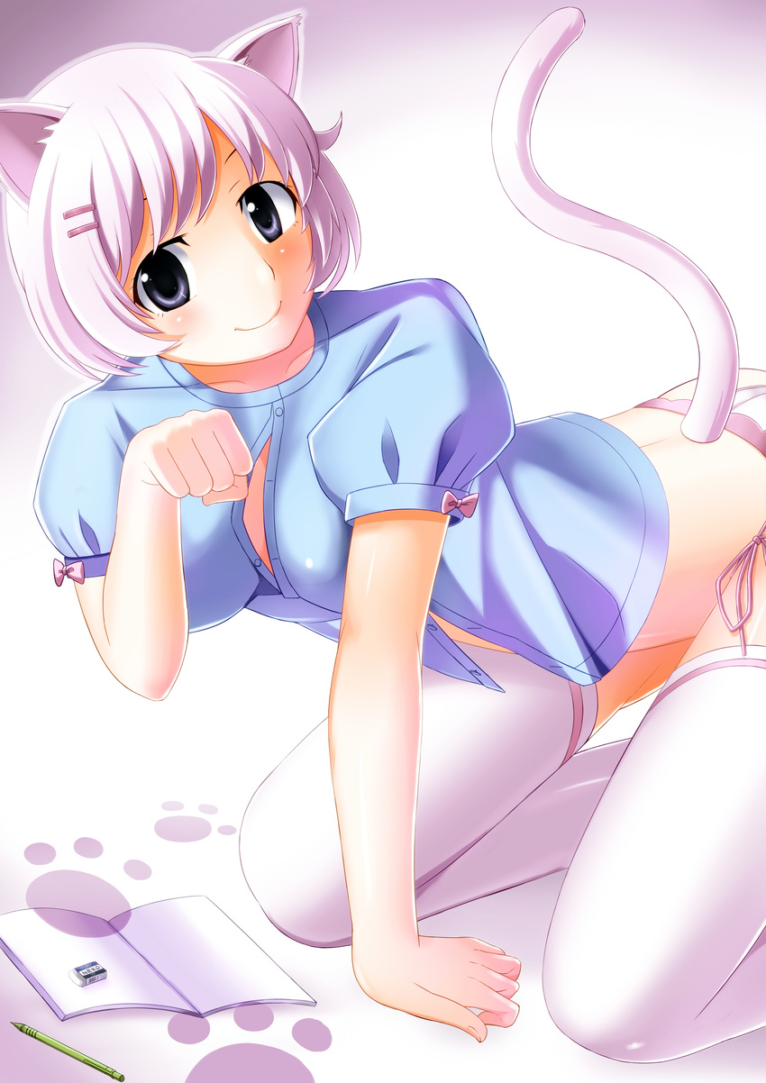 absurdres all_fours alternate_hair_color animal_ears bad_id bad_pixiv_id black_eyes eraser hanekawa_tsubasa highres monogatari_(series) nekomonogatari notebook panties paw_pose paw_print pencil short_hair tail thighhighs umitonakai underwear white_hair