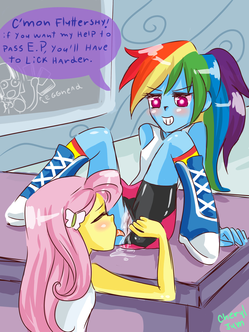 boots bottomless cheryl-jum cunnilingus english_text equestria_girls female fluttershy_(eg) human lesbian licking mammal my_little_pony oral oral_sex purple_eyes pussy pussy_juice rainbow_dash_(eg) sex sitting spread_legs spreading text tongue twilight_sparkle_(eg) undressing vaginal