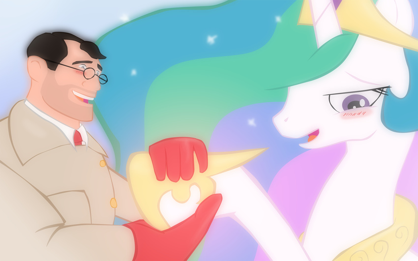 couple crossover crown equine eyewear female feral friendship_is_magic glasses gloves hooves horn horse male mammal medic medic_(team_fortress_2) my_little_pony pony princess_celestia_(mlp) psychroculus romantic team_fortress_2 winged_unicorn wings
