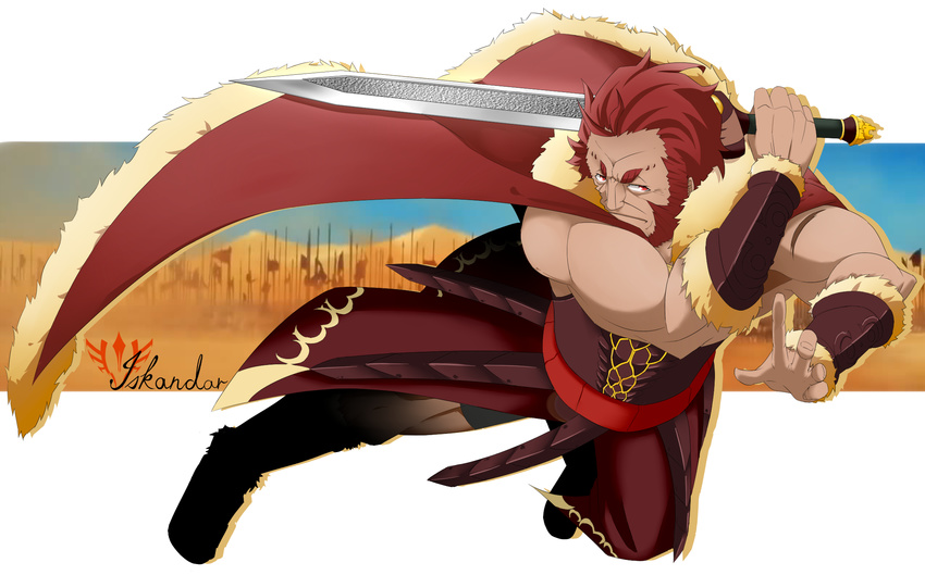 a0912011 armor beard cape character_name command_spell facial_hair fate/zero fate_(series) highres ionioi_hetairoi male_focus red_eyes red_hair rider_(fate/zero) solo sword weapon