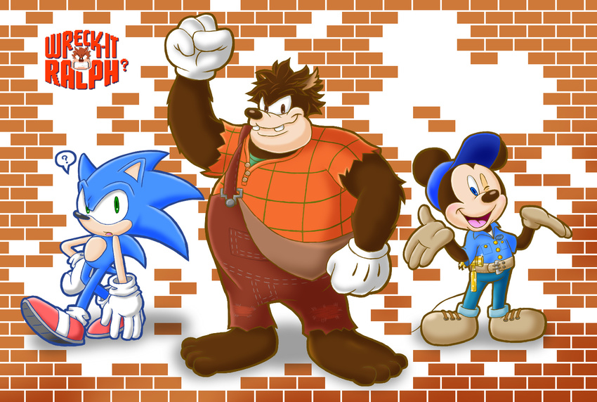 anthro blue_hair clothing disney fix-it_felix goof_troop green_eyes hair hedgehog male mammal mickey_mouse mouse pete peter_pete_sr. rodent sega smile sonic_(series) sonic_the_hedgehog text video_games wreck-it_ralph