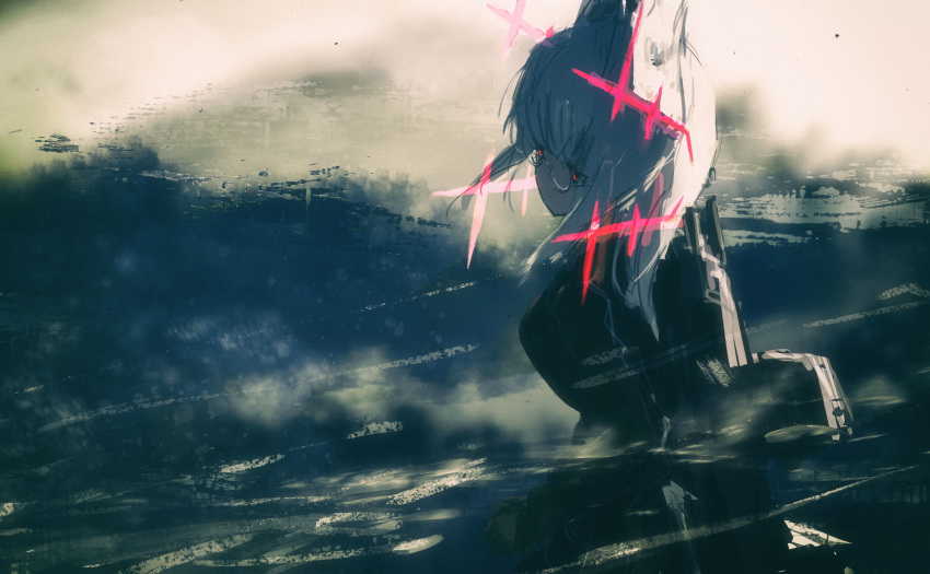 backlighting black_gloves blurry clenched_hand cloud dark flying glasses gloves head_wings heidimarie_w_schnaufer highres hirschgeweih_antennas looking_to_the_side military military_uniform night red_eyes sketch sky strike_witches uniform weapon weapon_on_back white_hair world_witches_series