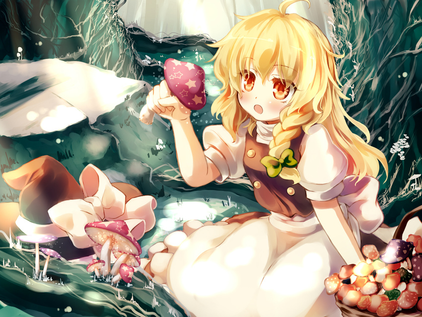 apron basket blonde_hair bow braid brown_dress brown_eyes dress forest gengetsu_chihiro hair_ribbon hat hat_bow hat_removed headwear_removed highres kirisame_marisa long_hair mushroom nature open_mouth puffy_sleeves ribbon shirt short_sleeves single_braid sitting solo star touhou waist_apron witch_hat