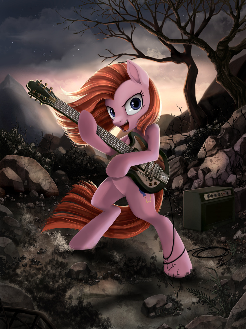 blue_eyes cloud cutie_mark dead_tree electric_guitar equine female friendship_is_magic guitar hair horse looking_at_viewer mammal my_little_pony night outside pink_hair pinkamena_(mlp) pinkie_pie_(mlp) pony ponykillerx rock solo standing stars straight_hair tree