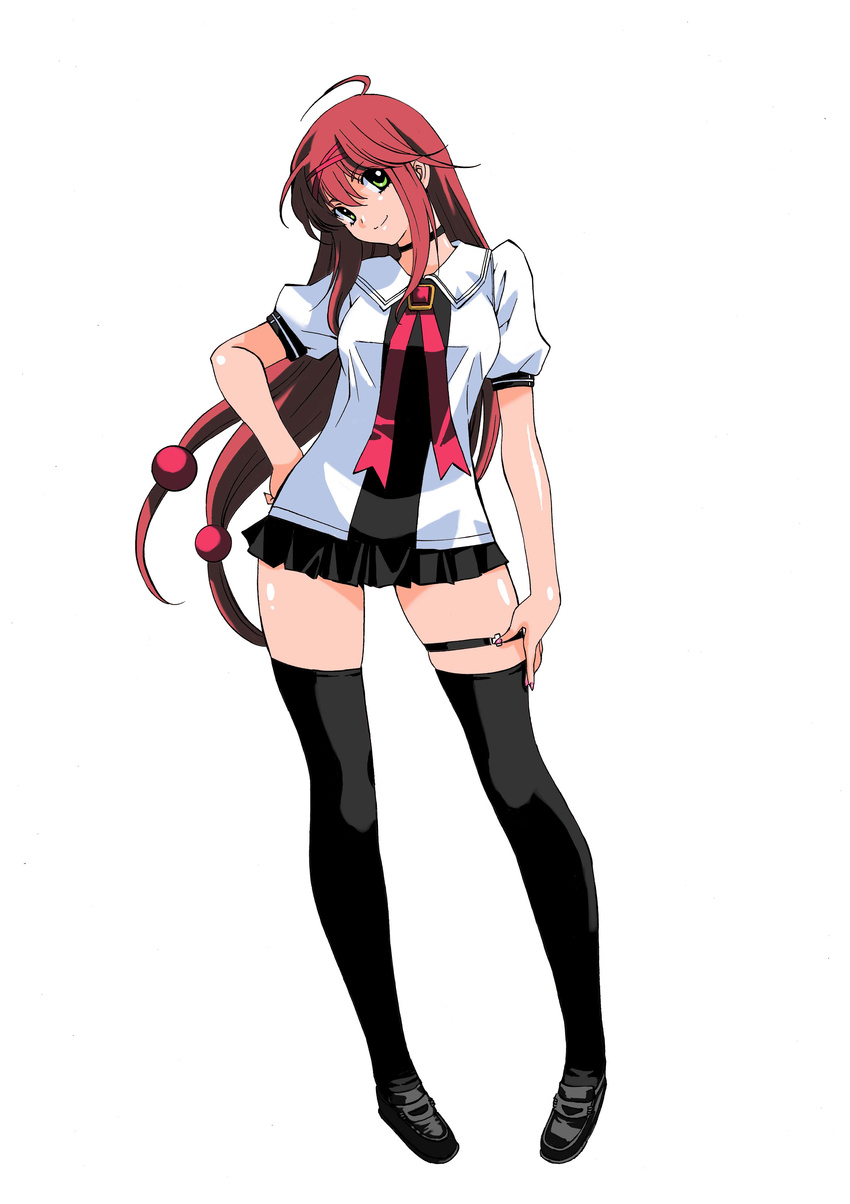 absurdres ahoge black_legwear brown_hair choker green_eyes hair_ribbon hand_on_hip head_tilt highres inoue_sora long_hair long_legs low-tied_long_hair miniskirt nazume_mikuru ribbon school_uniform skirt smile solo thigh_strap thighhighs zero_in