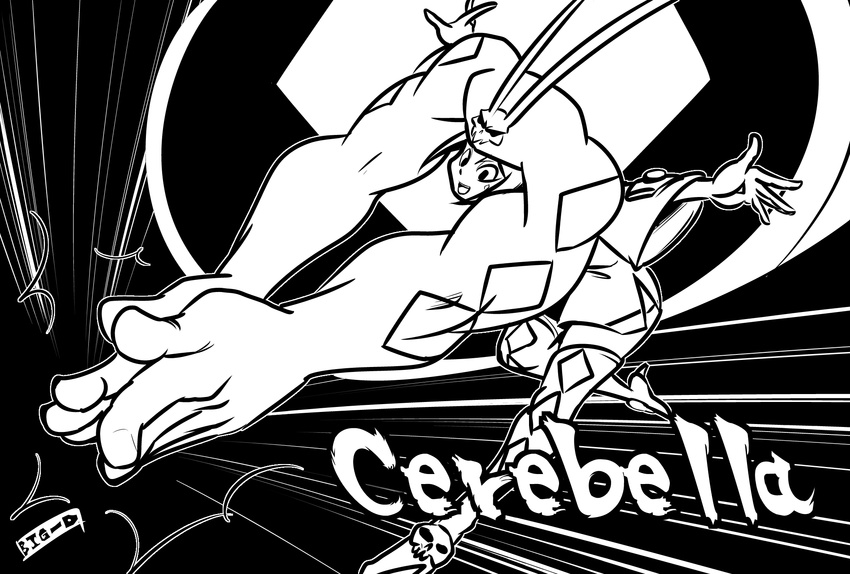 argyle argyle_legwear artist_name attack big-d boots cerebella_(skullgirls) character_name clapping detached_sleeves dress facial_mark greyscale hat highres horns lineart living_clothes monochrome motion_lines short_dress skull skullgirls solo thigh_boots thighhighs vice-versa_(skullgirls)