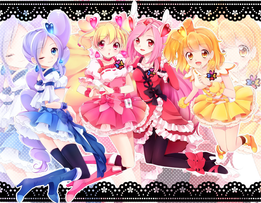 aono_miki black_legwear blonde_hair blue_choker blue_eyes blue_footwear blue_hair blue_skirt blush boots bow choker corset cure_berry cure_passion cure_peach cure_pine dress earrings eyelashes fresh_precure! frilled_skirt frills hair_bow hair_ornament hairband head_wings heart heart_hair_ornament higashi_setsuna high_heels highres jewelry knee_boots long_hair magical_girl momozono_love multiple_girls one_eye_closed pantyhose pink_bow pink_choker pink_eyes pink_footwear pink_hair ponytail precure red_eyes shoes short_hair side_ponytail skirt smile thighhighs tiara twintails uzuki_aki white_choker wrist_cuffs yamabuki_inori yellow_eyes