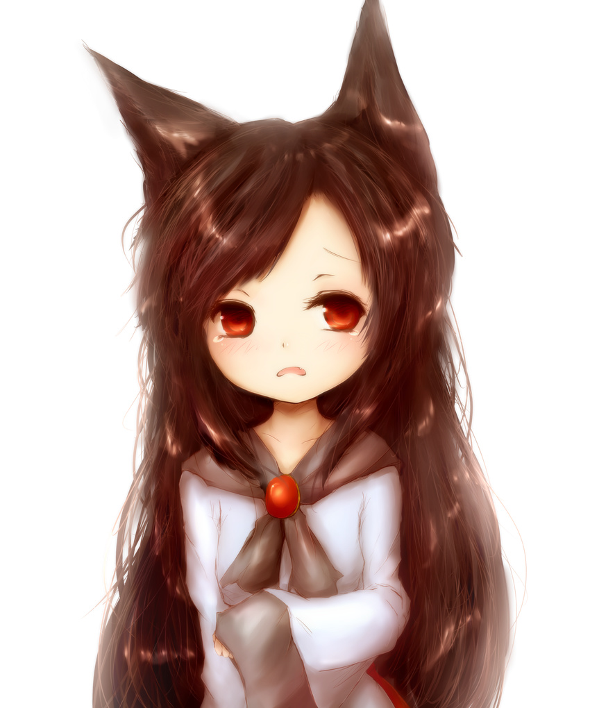 absurdres amanojaku animal_ears backpack bad_id bad_pixiv_id bag brooch brown_eyes brown_hair fang highres imaizumi_kagerou jewelry long_hair long_sleeves looking_at_viewer open_mouth shirt solo tears touhou transparent_background upper_body very_long_hair wide_sleeves wolf_ears