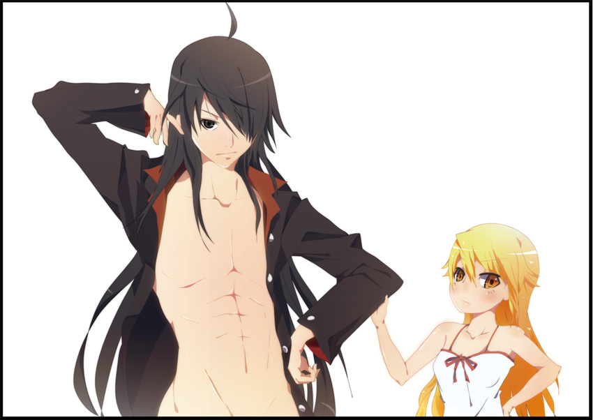 araragi_koyomi bad_id bad_pixiv_id black_eyes black_hair blonde_hair dress long_hair monogatari_(series) open_clothes oshino_shinobu white_background yadokugaeru yellow_eyes