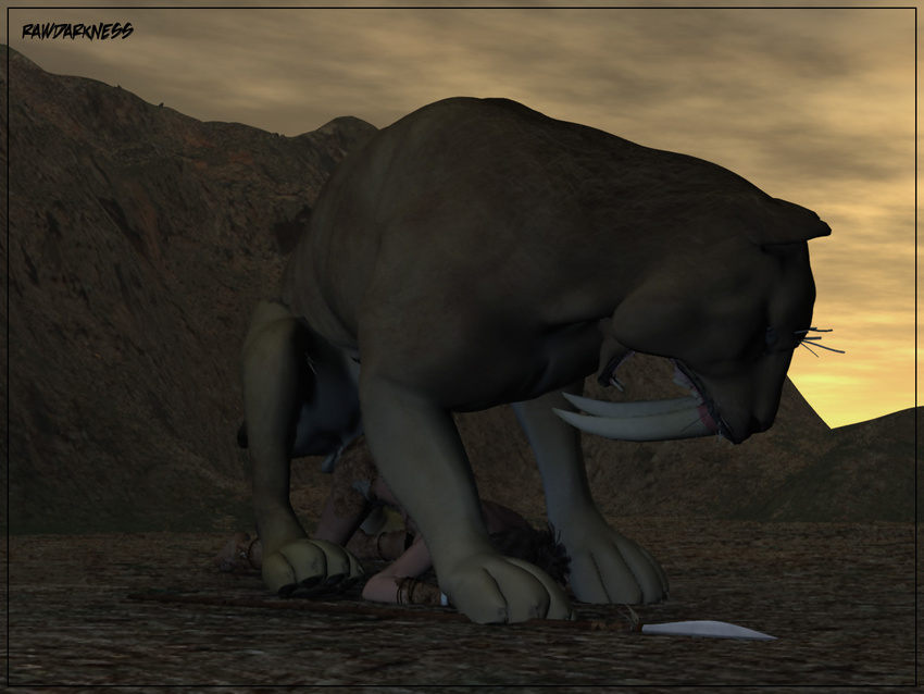 3d all_fours bestiality cgi doggystyle feline female feral from_behind human human_on_feral interspecies male mammal rawdarkness saber_tooth_tiger sex straight
