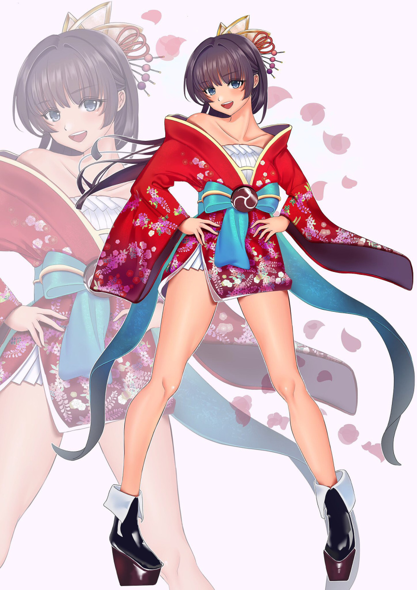1girl :d bangs bare_shoulders black_footwear blue_bow blue_eyes boots bow brown_hair collarbone commentary_request eyebrows_visible_through_hair floral_print full_body hands_on_hips head_tilt highres inushima japanese_clothes kimono long_hair long_sleeves obi off_shoulder open_mouth original personification petals pink_background platform_boots platform_footwear print_kimono red_kimono round_teeth sash short_kimono simple_background sleeves_past_wrists smile solo teeth upper_teeth very_long_hair wide_sleeves zoom_layer