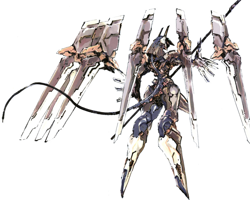 anubis_(z.o.e) funnels highres mecha no_humans official_art orbital_frame polearm scan shinkawa_youji solo spear stitched tail third-party_edit weapon zone_of_the_enders