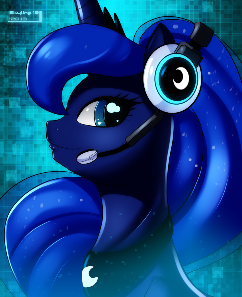 abstract_background blue_eyes crown equine female feral friendship_is_magic headphones headset horn horse looking_at_viewer mammal microphone moon my_little_pony necklace pony portrait princess_luna_(mlp) skyline19 solo sparkles winged_unicorn wings