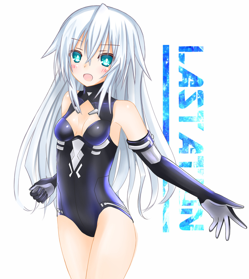 :d aqua_eyes armpits bangs bare_shoulders black_heart blush breasts cleavage cleavage_cutout clenched_hand cowboy_shot elbow_gloves english gloves halterneck happy highres langley1000 leotard long_hair looking_at_viewer magical_girl neptune_(series) open_mouth outstretched_arm power_symbol simple_background small_breasts smile solo symbol-shaped_pupils turtleneck very_long_hair white_background white_hair