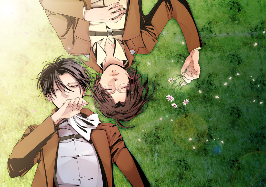 1girl ascot black_hair brown_hair field flower glasses hange_zoe jacket levi_(shingeki_no_kyojin) lying paradis_military_uniform shingeki_no_kyojin shirai