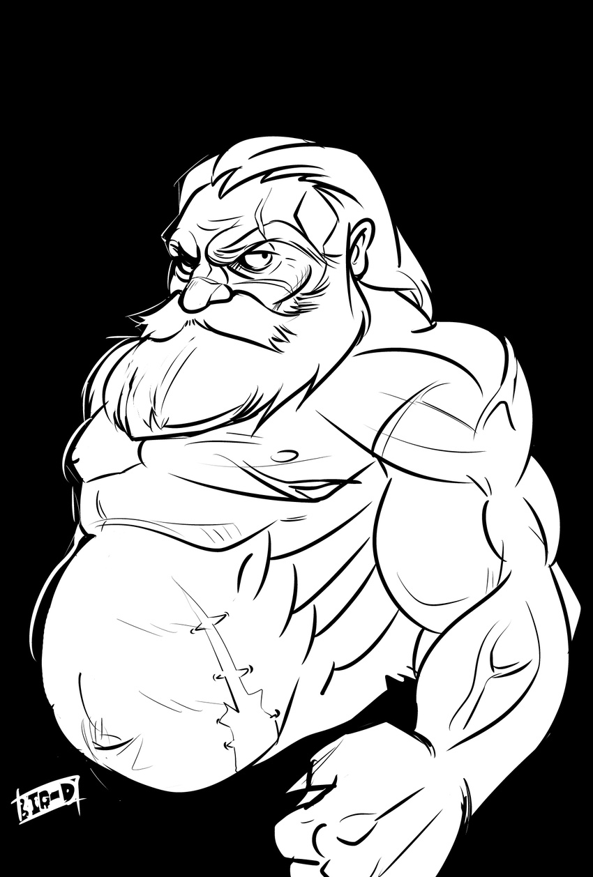 beard big-d character_request clenched_hand dungeons_and_dragons dwarf facial_hair greyscale highres male_focus manly monochrome muscle scar solo topless