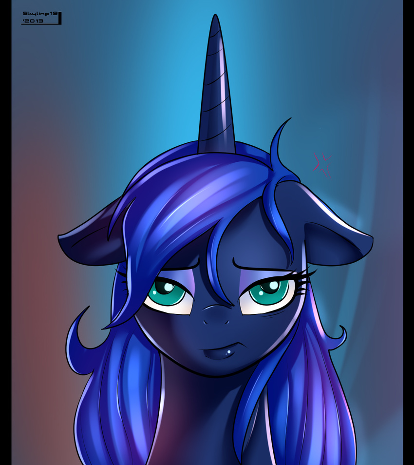 blue_hair equine female friendship_is_magic hair horn horse looking_at_viewer mammal messy_hair my_little_pony pony portrait princess_luna_(mlp) skyline19 solo tired winged_unicorn wings