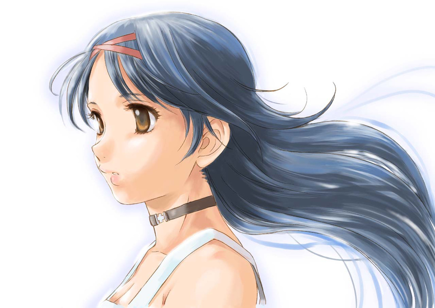 bare_shoulders blue_hair breasts brown_eyes choker cleavage dress face hair_ribbon inoue_sora lips long_hair medium_breasts nazume_mikuru ribbon solo sundress upper_body wind wind_lift zero_in