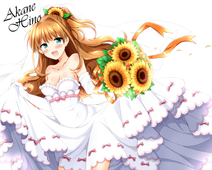 aqua_eyes bare_shoulders blush bouquet breasts brown_hair character_name cleavage dress flower hair_flower hair_ornament hino_akane_(idolmaster) idolmaster idolmaster_cinderella_girls long_hair medium_breasts open_mouth petals ponytail simple_background solo sunflower sunflower_hair_ornament tsukudani_norio wedding_dress white_background