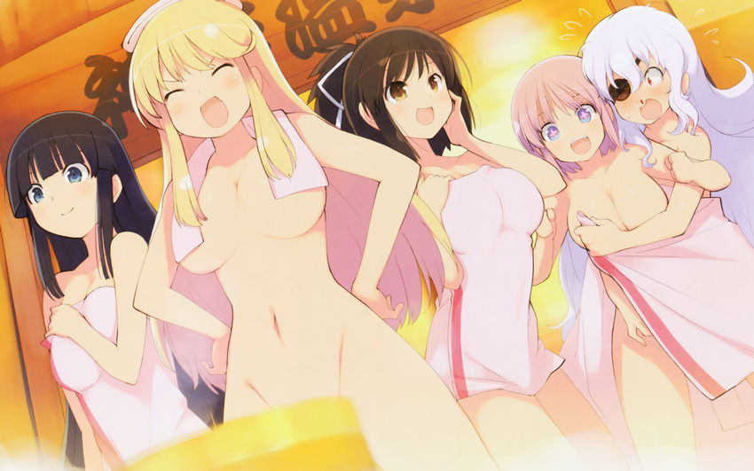 asuka_(senran_kagura) cleavage hibari_(senran_kagura) ikaruga katsuragi nosebleed nude senran_kagura towel yagyuu