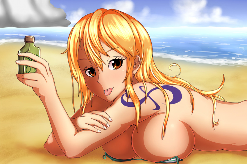 1girl :p beach bikini blonde_hair breasts highres large_breasts nami nami_(one_piece) one_piece rasen_kyuuri red_eyes solo swimsuit tattoo tongue tongue_out