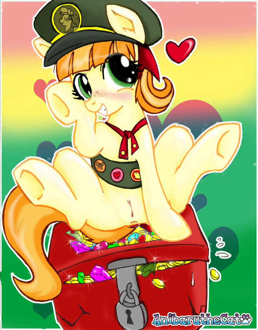 &lt;3 anibaruthecat blush box coin cub equine female feral freckles friendship_is_magic ginger_snap_(mlp) girl_scout green_eyes hair hat horse looking_at_viewer mammal money my_little_pony orange_hair pony pussy solo spread_legs spreading two_tone_hair young
